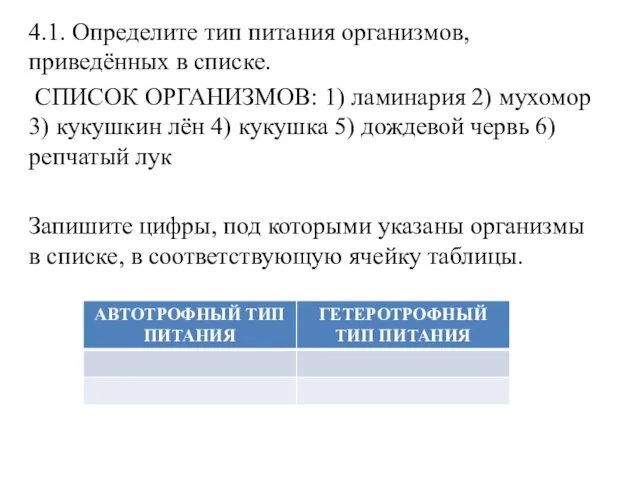 4.1. Определите тип питания организмов, приведённых в списке. СПИСОК ОРГАНИЗМОВ: 1)