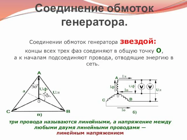 Соединение обмоток генератора. Соединении обмоток генератора звездой: концы всех трех фаз