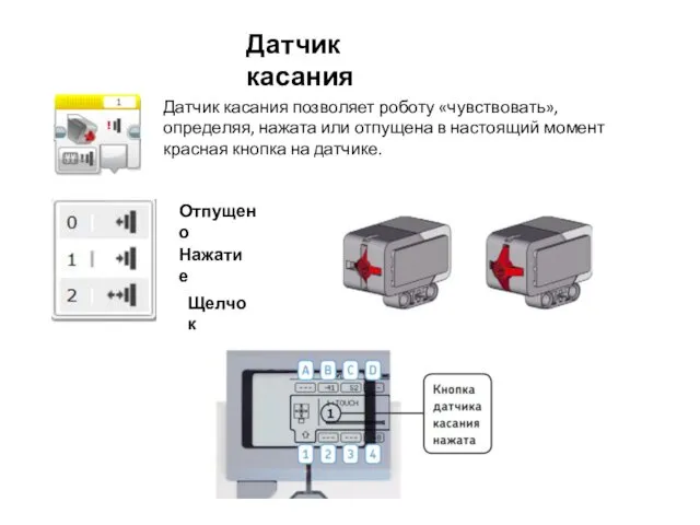 Датчик касания Отпущено Нажатие Щелчок Датчик касания позволяет роботу «чувствовать», определяя,