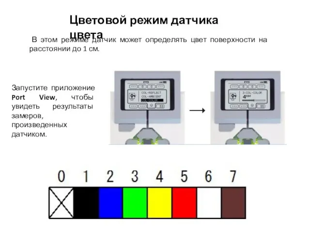 Цветовой режим датчика цвета В этом режиме датчик может определять цвет
