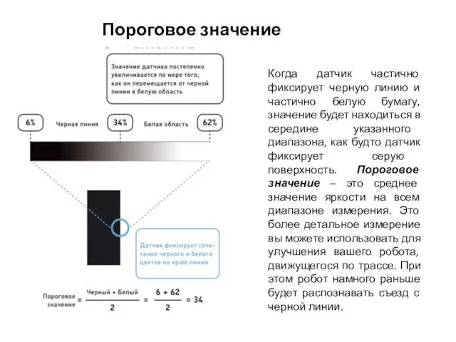 Пороговое значение отражения Когда датчик частично фиксирует черную линию и частично