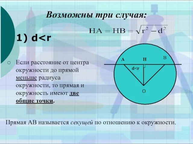 Возможны три случая: 1) d Если расстояние от центра окружности до