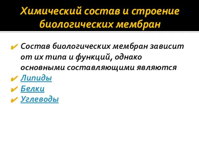 Химический состав и строение биологических мембран Состав биологических мембран зависит от