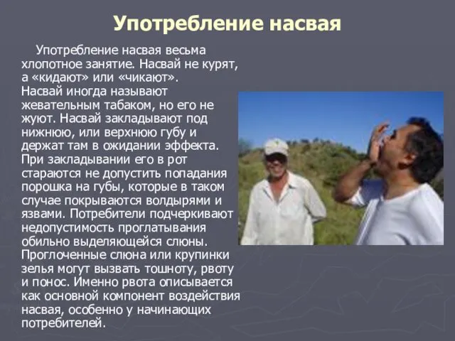 Употребление насвая Употребление насвая весьма хлопотное занятие. Насвай не курят, а