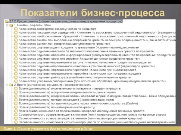 Показатели бизнес-процесса Глава 1. Система управления бизнес-процессами в банке