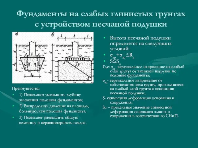 Фундаменты на слабых глинистых грунтах с устройством песчаной подушки Преимущества: 1)