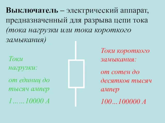 Выключатель – электрический аппарат, предназначенный для разрыва цепи тока (тока нагрузки