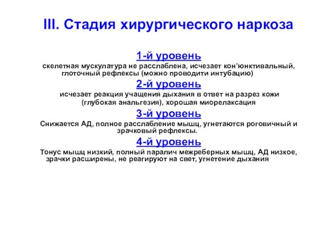 ІІІ. Стадия хирургического наркоза 1-й уровень скелетная мускулатура не расслаблена, исчезает