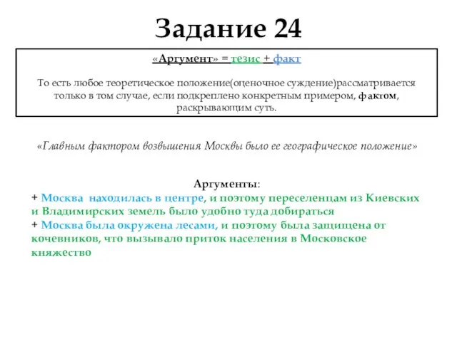 Задание 24 «Главным фактором возвышения Москвы было ее географическое положение» Аргументы: