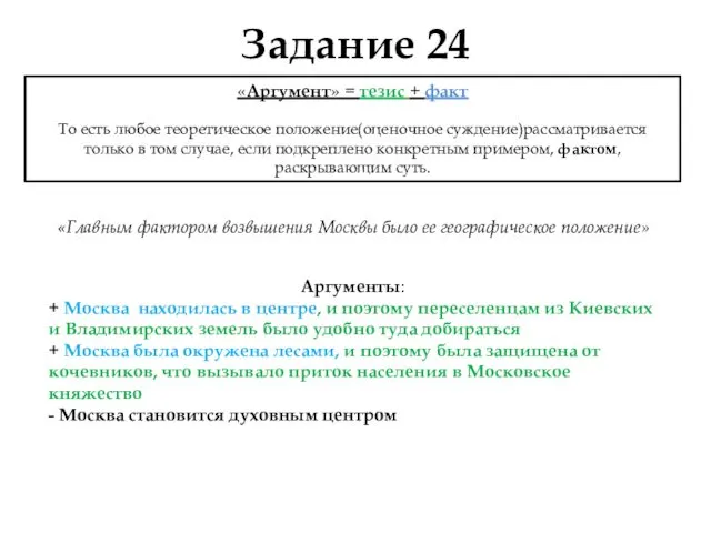 Задание 24 «Главным фактором возвышения Москвы было ее географическое положение» Аргументы: