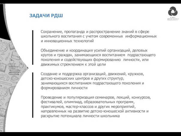 ЗАДАЧИ РДШ Сохранение, пропаганда и распространение знаний в сфере школьного воспитания