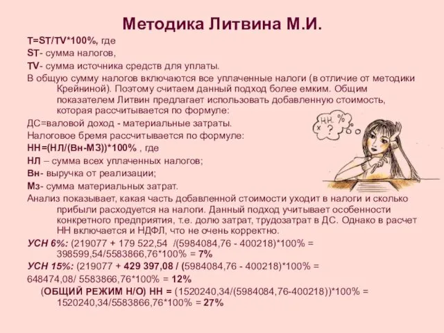 Методика Литвина М.И. Т=ST/TV*100%, где ST- сумма налогов, TV- сумма источника