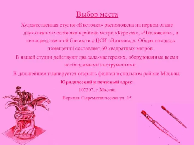 Выбор места Художественная студия «Кисточка» расположена на первом этаже двухэтажного особняка