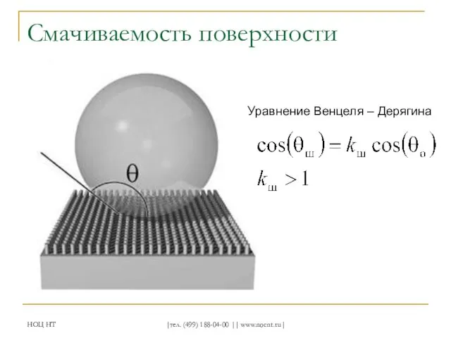 НОЦ НТ |тел. (499) 188-04-00 || www.nocnt.ru| Смачиваемость поверхности Уравнение Венцеля – Дерягина