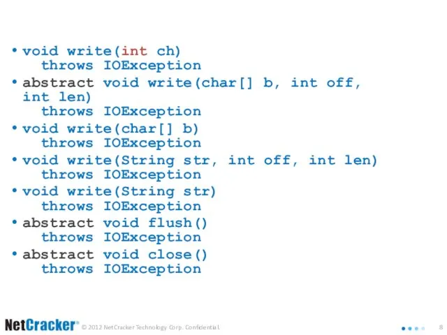 Класс Writer void write(int ch) throws IOException abstract void write(char[] b,