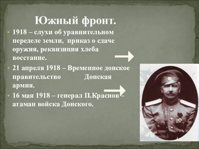 1918 – слухи об уравнительном переделе земли, приказ о сдаче оружия,