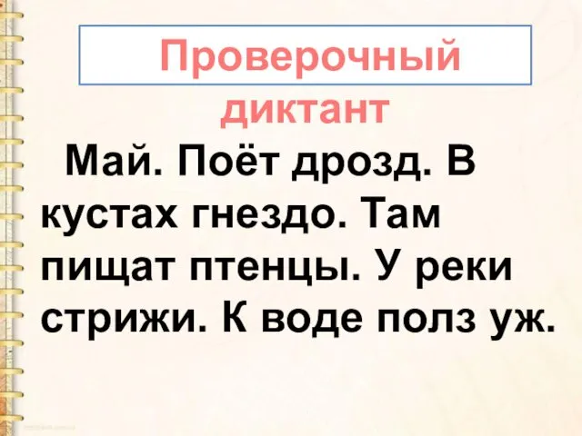 Май. Поёт дрозд. В кустах гнездо. Там пищат птенцы. У реки