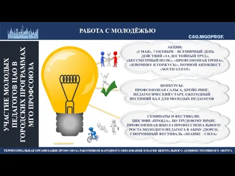 УЧАСТИЕ МОЛОДЫХ ПЕДАГОГОВ ЦАО В ГОРОДСКИХ ПРОГРАММАХ МГО ПРОФСОЮЗА АКЦИИ: «1