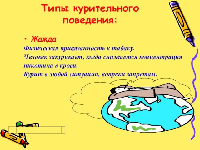 Типы курительного поведения: Жажда Физическая привязанность к табаку. Человек закуривает, когда