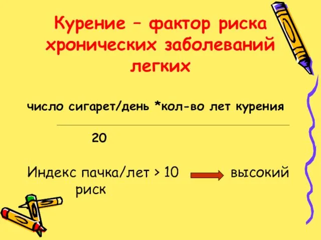 Курение – фактор риска хронических заболеваний легких число сигарет/день *кол-во лет