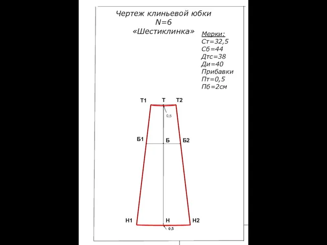 Чертеж клиньевой юбки N=6 «Шестиклинка» Мерки: Ст=32,5 Сб=44 Дтс=38 Ди=40 Прибавки