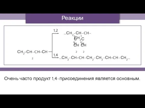 Очень часто продукт 1,4-присоединения является основным. СH2=СH–CH=СH2 Реакции полимеризации 1,2 1,4