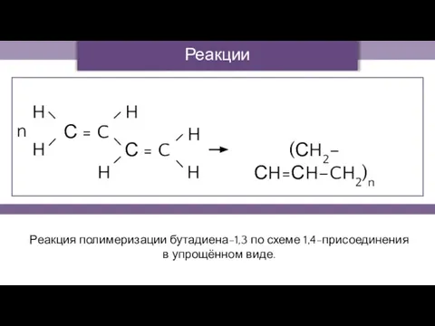 Реакция полимеризации бутадиена-1,3 по схеме 1,4-присоединения в упрощённом виде. H Реакции