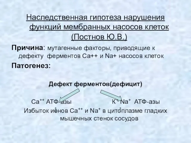 Наследственная гипотеза нарушения функций мембранных насосов клеток (Постнов Ю.В.) Причина: мутагенные