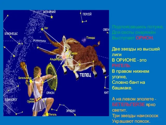 Подпоясавшись Подпоясавшись потуже, Для охоты снаряжён Выступает ОРИОН. Две звезды из