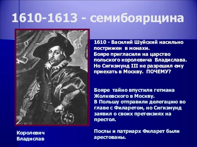 1610-1613 - семибоярщина Королевич Владислав 1610 - Василий Шуйский насильно пострижен