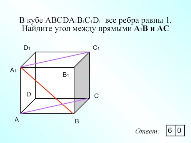 В кубе ABCDA1B1C1D1 все ребра равны 1. Найдите угол между прямыми А1В и AC A Ответ: