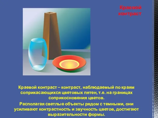 Краевой контраст Краевой контраст – контраст, наблюдаемый по краям соприкасающихся цветовых