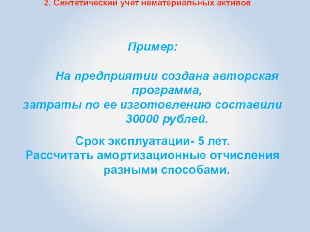 2. Синтетический учет нематериальных активов Пример: На предприятии создана авторская программа,