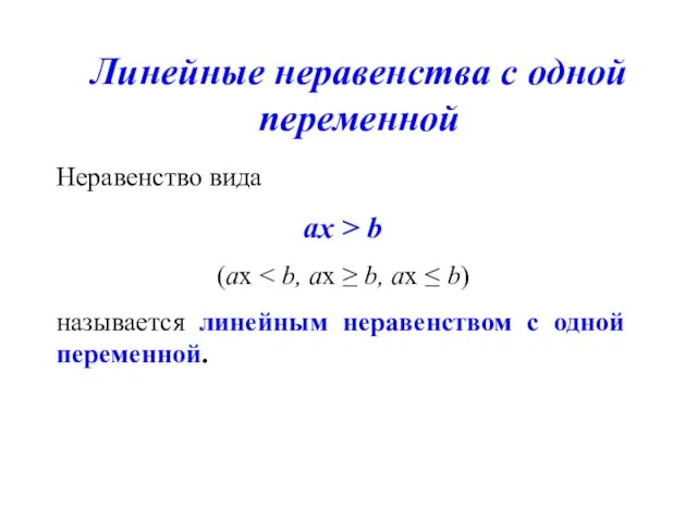 Линейные неравенства с одной переменной Неравенство вида ах > b (ах