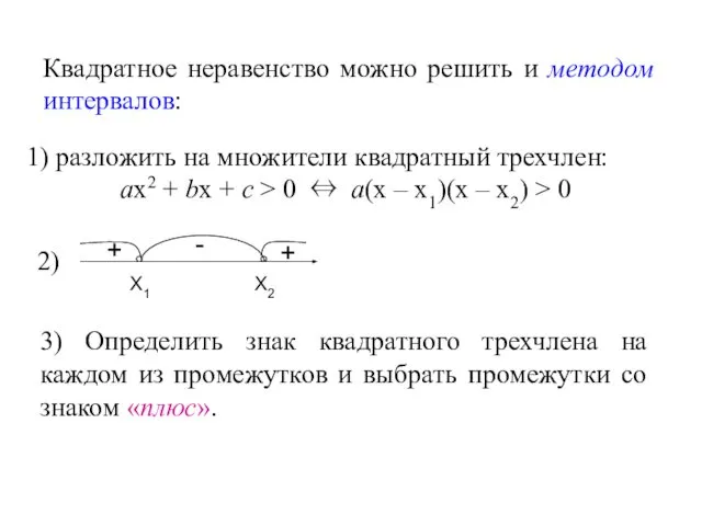 Квадратное неравенство можно решить и методом интервалов: - + + 3)