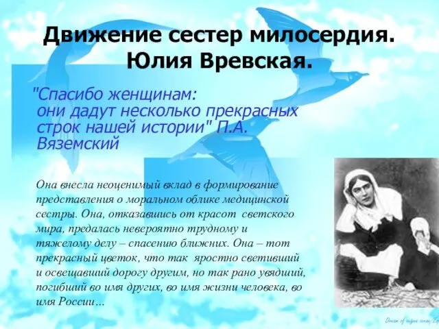 Движение сестер милосердия. Юлия Вревская. "Спасибо женщинам: они дадут несколько прекрасных