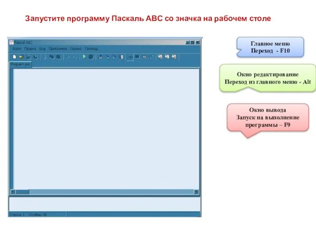 Запустите программу Паскаль АВС со значка на рабочем столе Главное меню