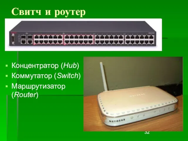 Свитч и роутер Концентратор (Hub) Коммутатор (Switch) Маршрутизатор (Router)