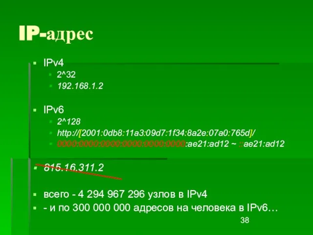 IP-адрес IPv4 2^32 192.168.1.2 IPv6 2^128 http://[2001:0db8:11a3:09d7:1f34:8a2e:07a0:765d]/ 0000:0000:0000:0000:0000:0000:ae21:ad12 ~ ::ae21:ad12 815.16.311.2