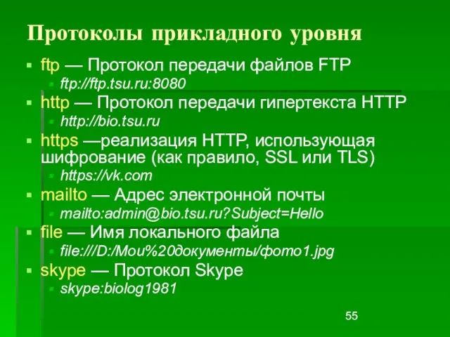 Протоколы прикладного уровня ftp — Протокол передачи файлов FTP ftp://ftp.tsu.ru:8080 http