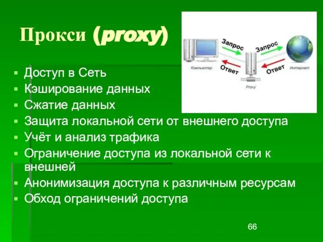 Прокси (proxy) Доступ в Сеть Кэширование данных Сжатие данных Защита локальной