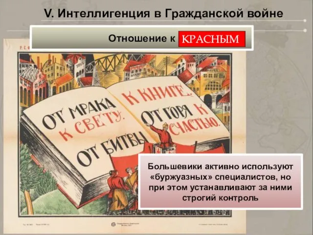 V. Интеллигенция в Гражданской войне Большевики активно используют «буржуазных» специалистов, но