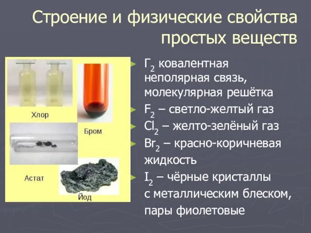 Строение и физические свойства простых веществ Г2 ковалентная неполярная связь, молекулярная