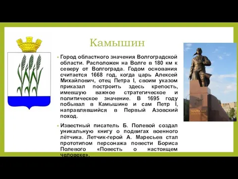 Камышин Город областного значения Волгоградской области. Расположен на Волге в 180