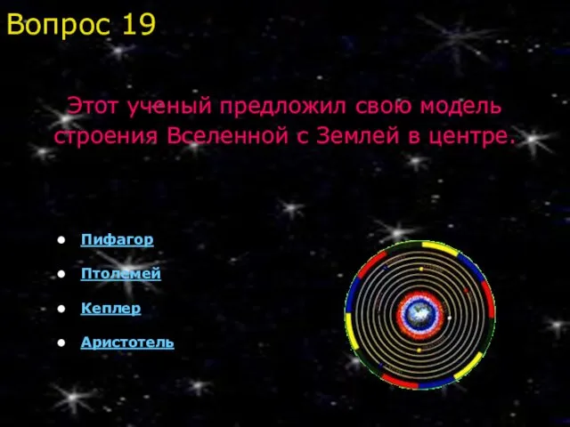 Пифагор Птолемей Кеплер Аристотель Вопрос 19 Этот ученый предложил свою модель