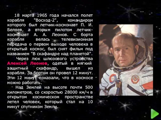 18 марта 1965 года начался полет корабля "Восход-2", командиром которого был