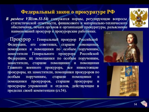 Федеральный закон о прокуратуре РФ В разделе VII(ст.51-54) содержатся нормы, регулирующие