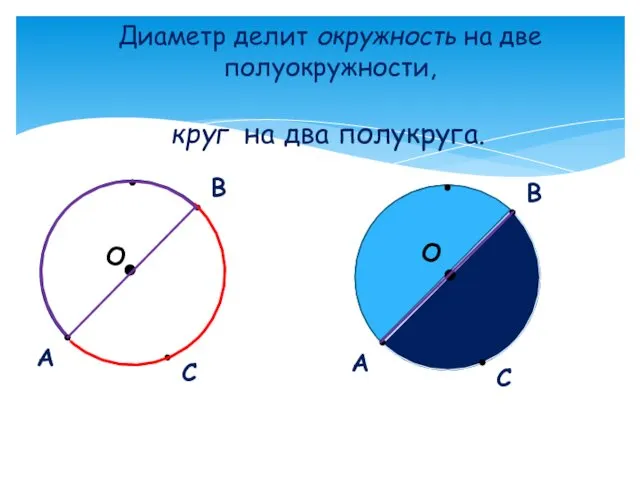 Диаметр делит окружность на две полуокружности, О С А В О