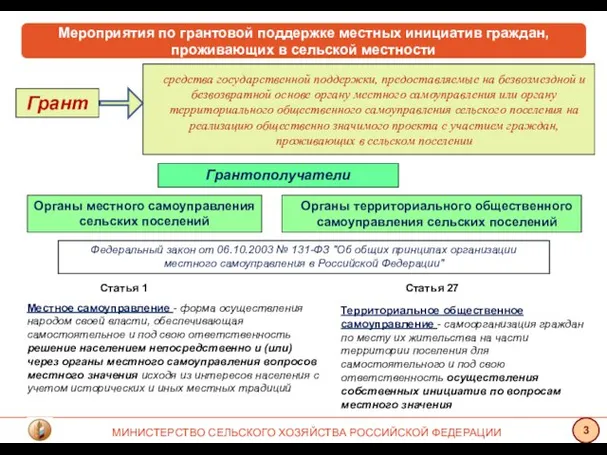 Грантополучатели Органы территориального общественного самоуправления сельских поселений Органы местного самоуправления сельских