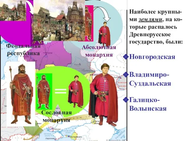 Наиболее крупны-ми землями, на ко-торые распалось Древнерусское государство, были: Новгородская Владимиро-Суздальская